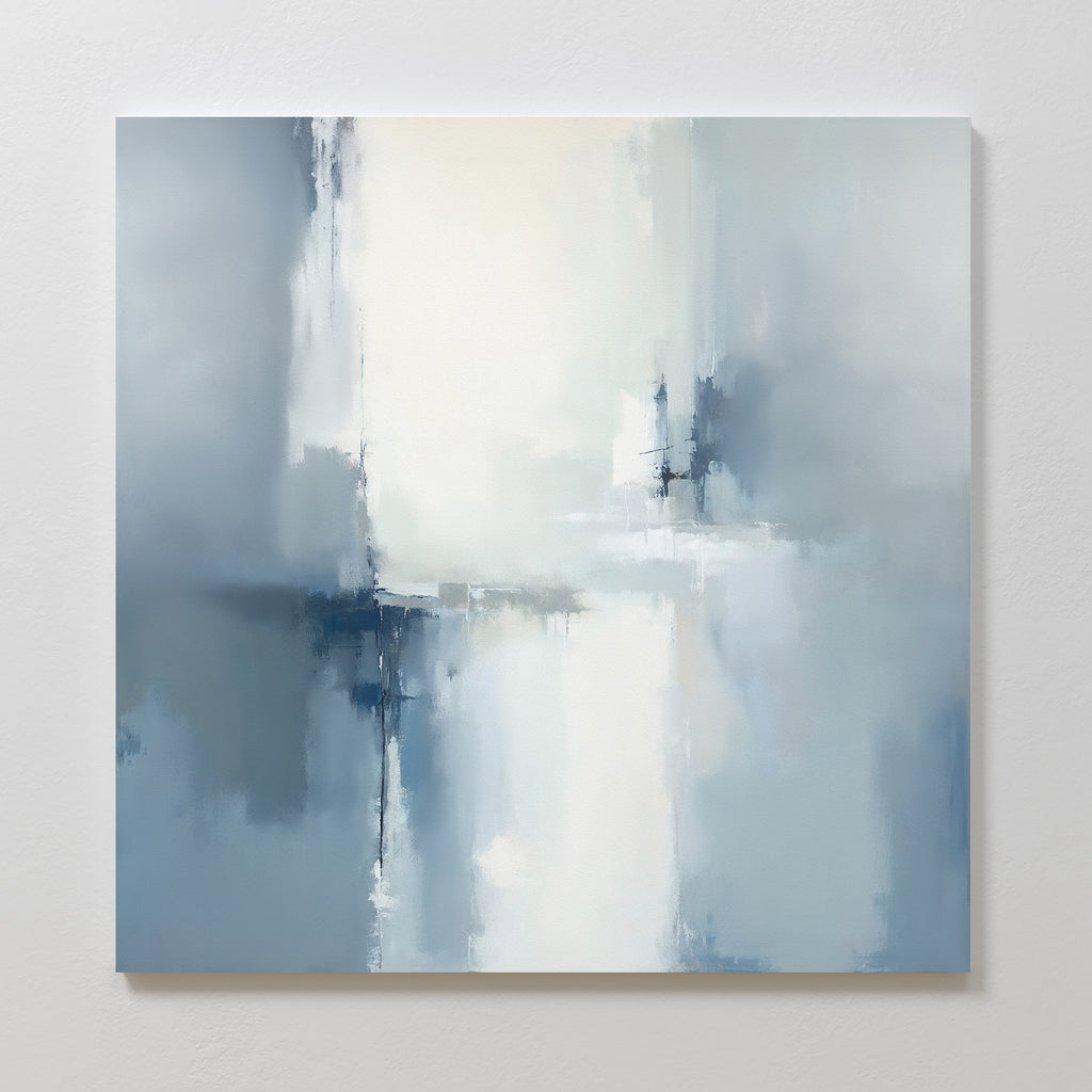 The Silver Cross Formation Canvas Art - Square features an atmospheric abstract print with soft blue, gray, and white shades. Vertical and horizontal brushstrokes create a misty feel—ideal for adding serene Nordic style to modern living rooms.