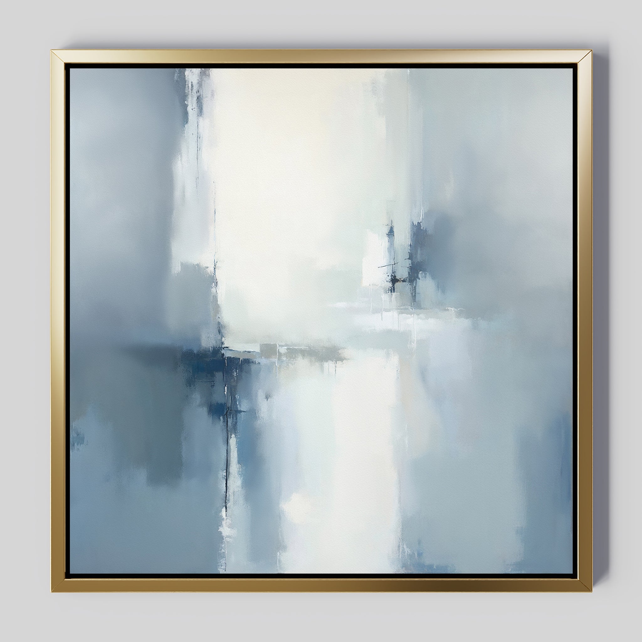 Silver Cross Formation Canvas Art - Square features soft blue, white, and gray tones with blurred brushstrokes in a cross pattern. Framed in thin gold, it’s ideal for modern living rooms seeking a contemporary Nordic touch.