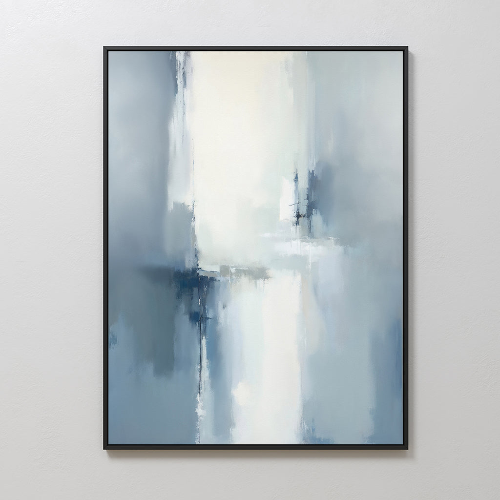 The Silver Cross Formation Canvas Art - Vertical features soft, blended blue, gray, and white tones with intersecting brushstrokes for a serene look—ideal for modern living rooms. Displayed on a plain white wall.