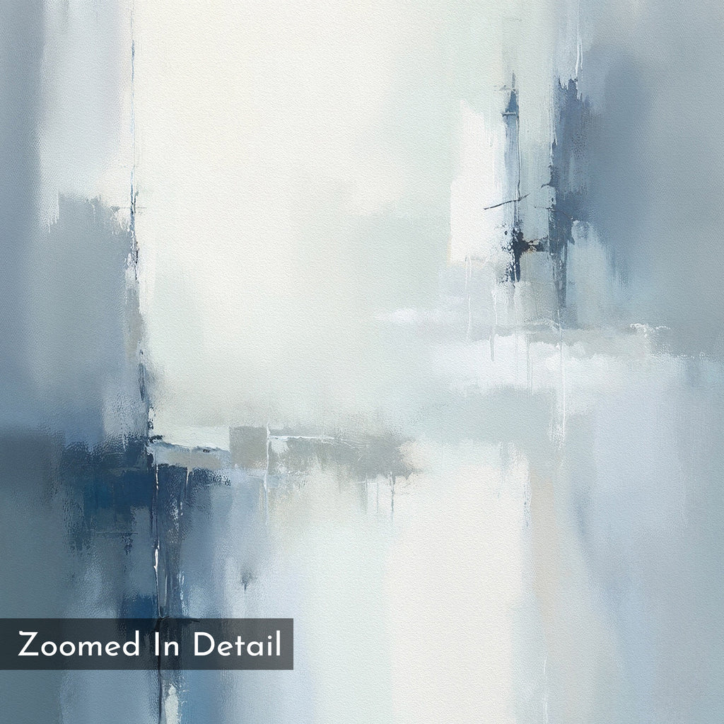 The Silver Cross Formation Canvas Art - Vertical features soft, blended shades of blue, gray, and white in a serene abstract design—perfect for modern living rooms. "Zoomed In Detail" appears in a black rectangle at the bottom left corner.