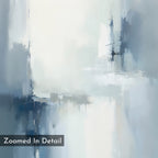 The Silver Cross Formation Canvas Art - Vertical features soft, blended shades of blue, gray, and white in a serene abstract design—perfect for modern living rooms. "Zoomed In Detail" appears in a black rectangle at the bottom left corner.