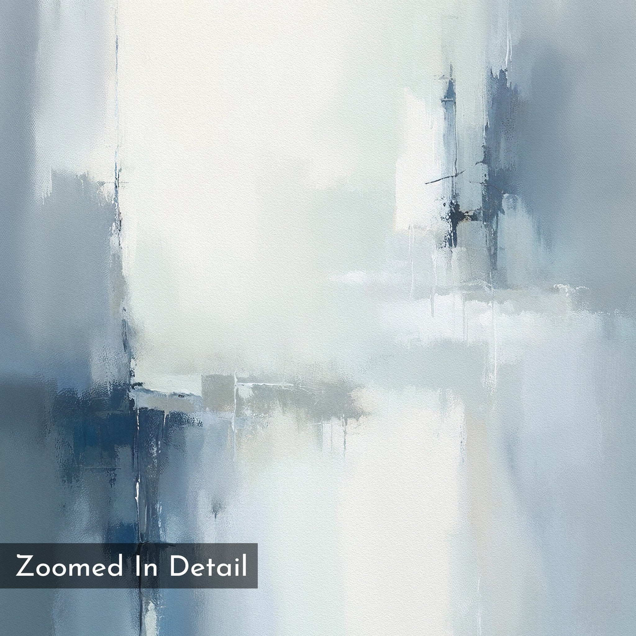 The Silver Cross Formation Canvas Art - Vertical features soft, blended shades of blue, gray, and white in a serene abstract design—perfect for modern living rooms. "Zoomed In Detail" appears in a black rectangle at the bottom left corner.
