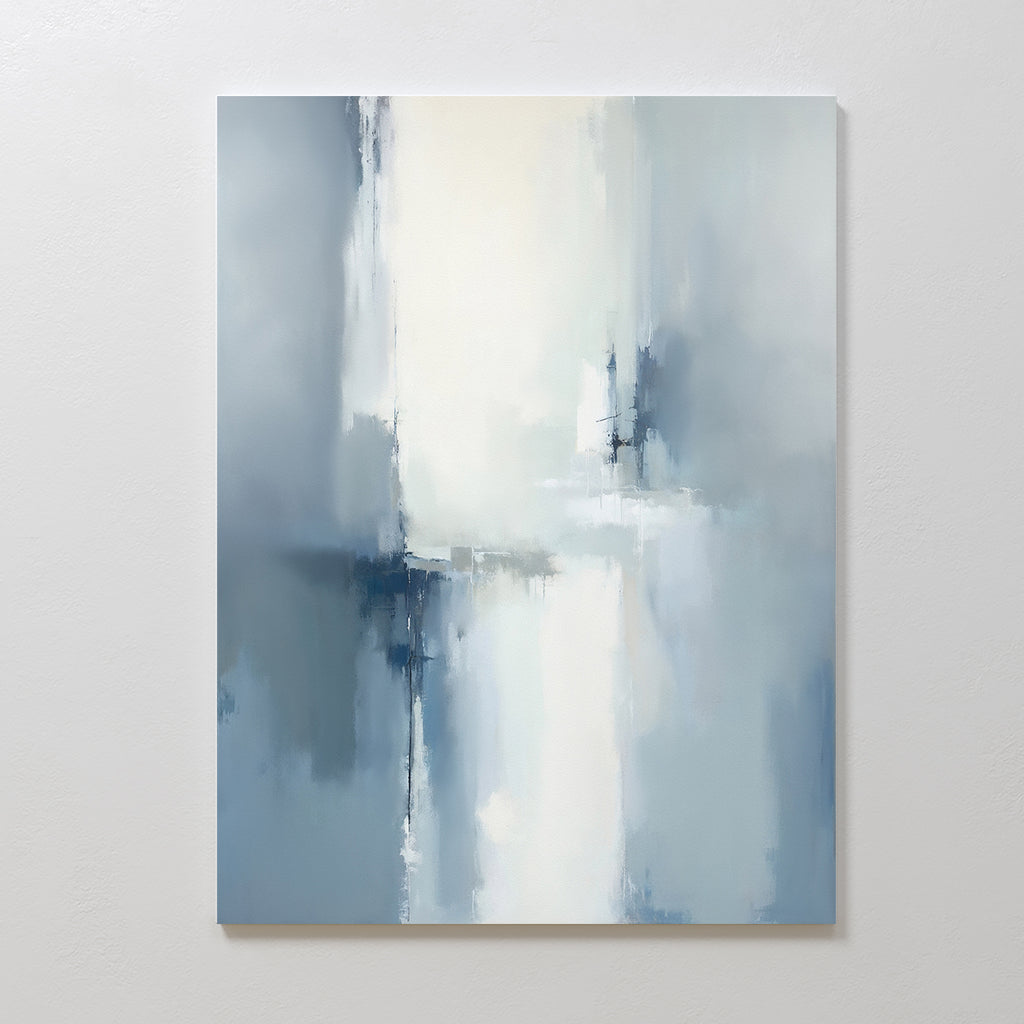 The Silver Cross Formation Canvas Art - Vertical features soft, blurred shades of blue, white, and gray with smooth brushstrokes—creating a serene, atmospheric abstract perfect for enhancing modern living rooms.