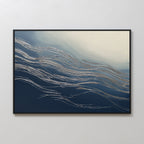 The Silver Current Canvas Art - Horizontal features sweeping metallic ribbons over blue and cream layers, evoking flowing water or wind and bringing a touch of contemporary sophistication to serene spaces.