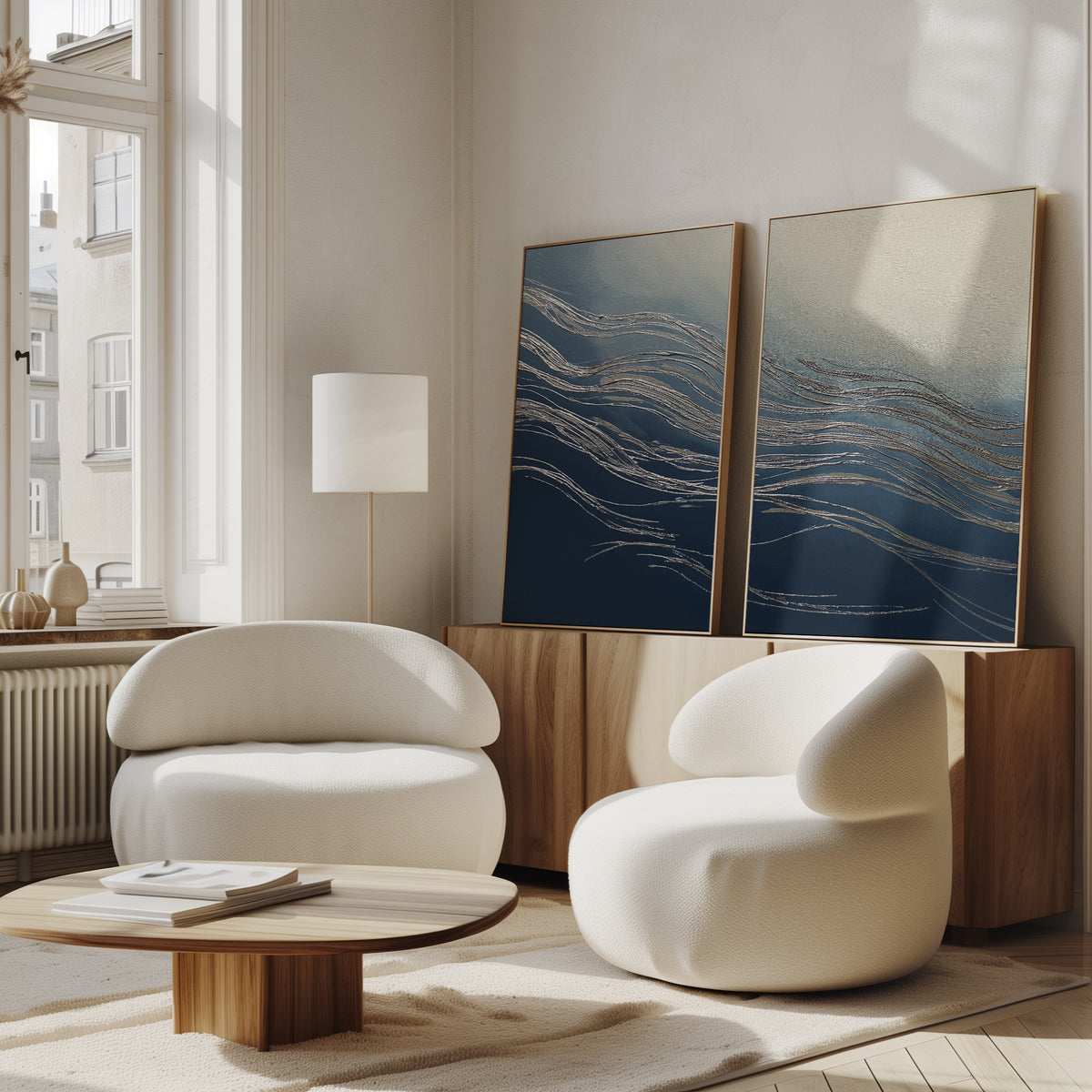 A modern living room with the Silver Current - Set Of 2 curved white armchairs, a low wooden table, and abstract blue wall art on a wooden sideboard. Large windows illuminate the minimalist decor and contemporary sophistication.