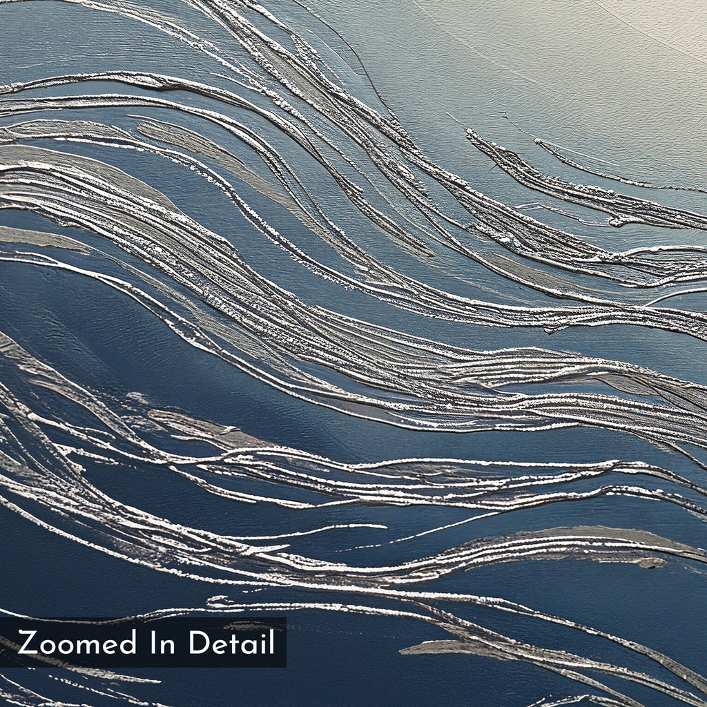 The Silver Current Canvas Art - Square displays flowing silver lines on a blue background, adding movement and modern style. "Zoomed In Detail" appears in the lower left corner.