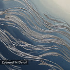 Silver Current Canvas Art - Vertical features textured silver lines flowing over blue and gray, forming a wave-like pattern. Contemporary and sophisticated, it's perfect wall art. "Zoomed In Detail" appears in a black box at the bottom left corner.