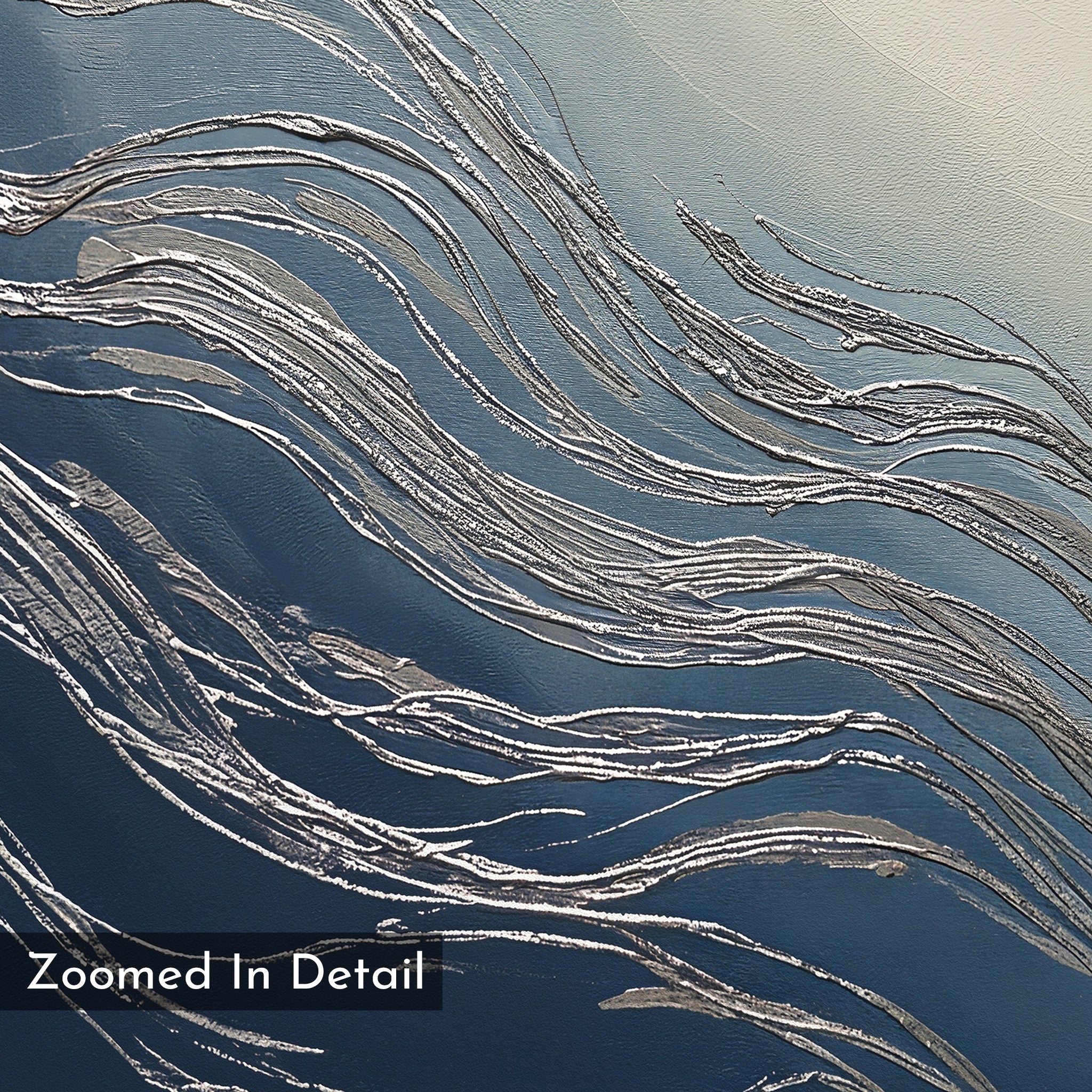 Silver Current Canvas Art - Vertical features textured silver lines flowing over blue and gray, forming a wave-like pattern. Contemporary and sophisticated, it's perfect wall art. "Zoomed In Detail" appears in a black box at the bottom left corner.