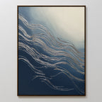 Silver Current Canvas Art - Vertical features flowing silver lines over a gradient from deep blue to soft cream, framed in a slim dark border. This abstract print evokes contemporary elegance with its wave-like, motion-inspired design.