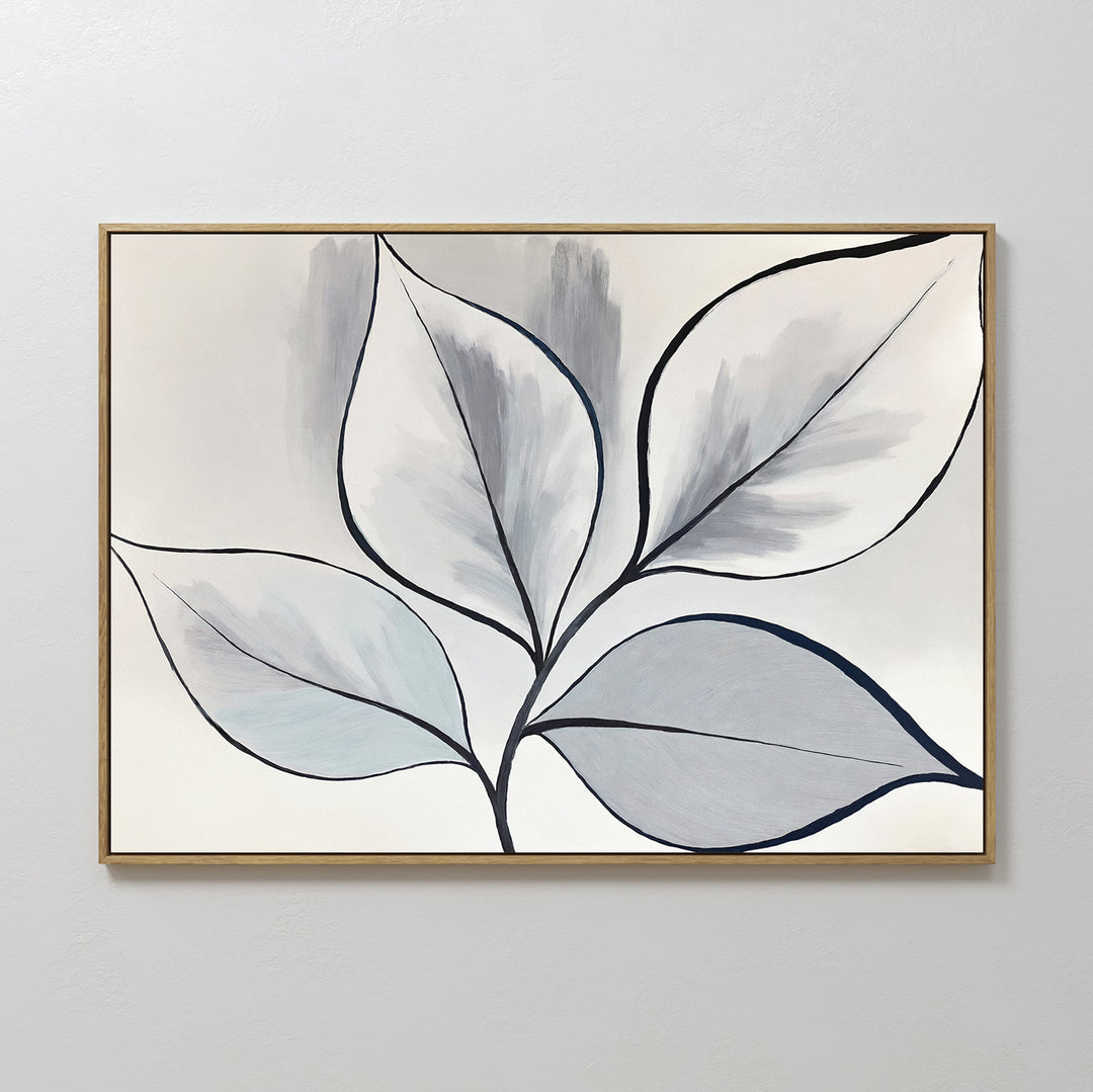 Silver Leaves Canvas Art - Horizontal features a minimalist plant with five large leaves in black outlines and subtle gray-blue tones on a light background, framed in thin gold—ideal for modern home decor.