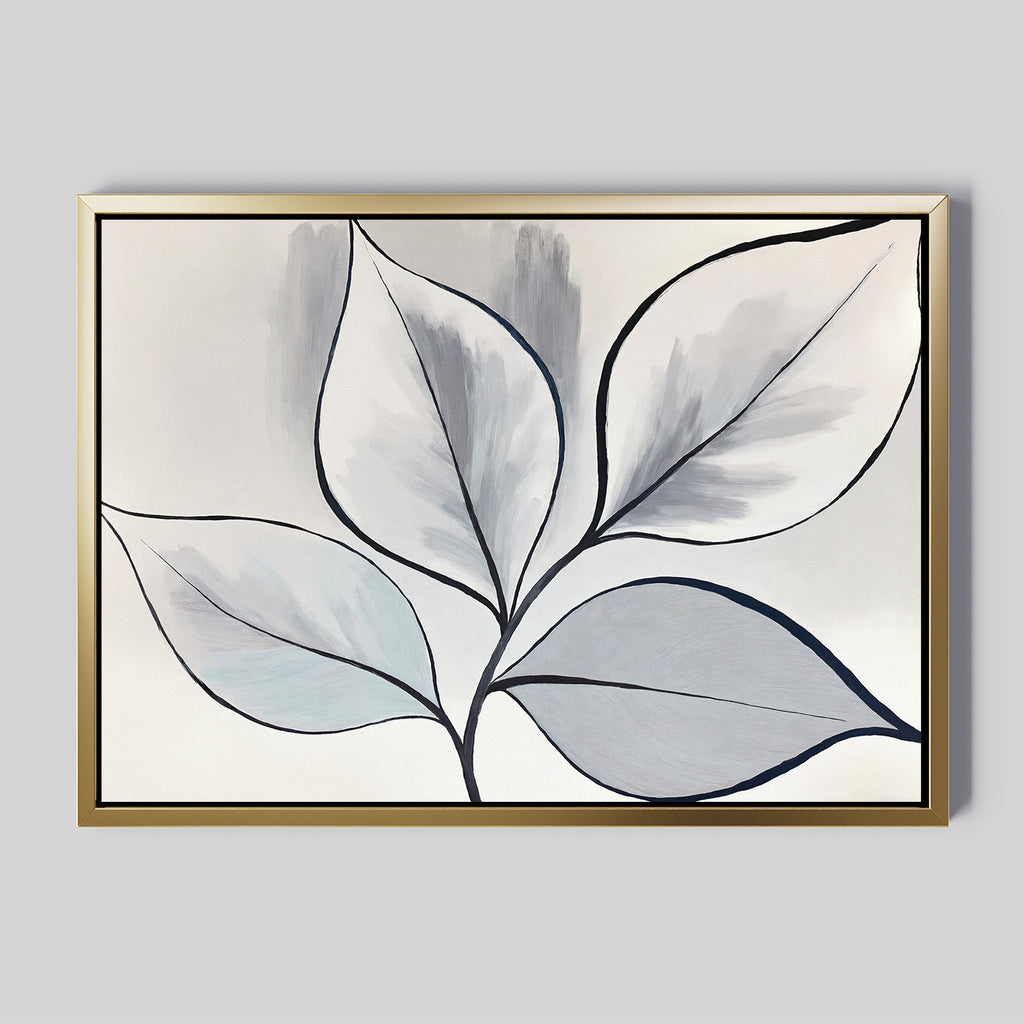Silver Leaves Canvas Art - Horizontal features a minimalist black line drawing of five abstract leaves with soft gray and white shading on a light background, accented by a slim gold frame—perfect for modern home decor.