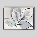 Silver Leaves Canvas Art - Horizontal features a minimalist black line drawing of five abstract leaves with soft gray and white shading on a light background, accented by a slim gold frame—perfect for modern home decor.