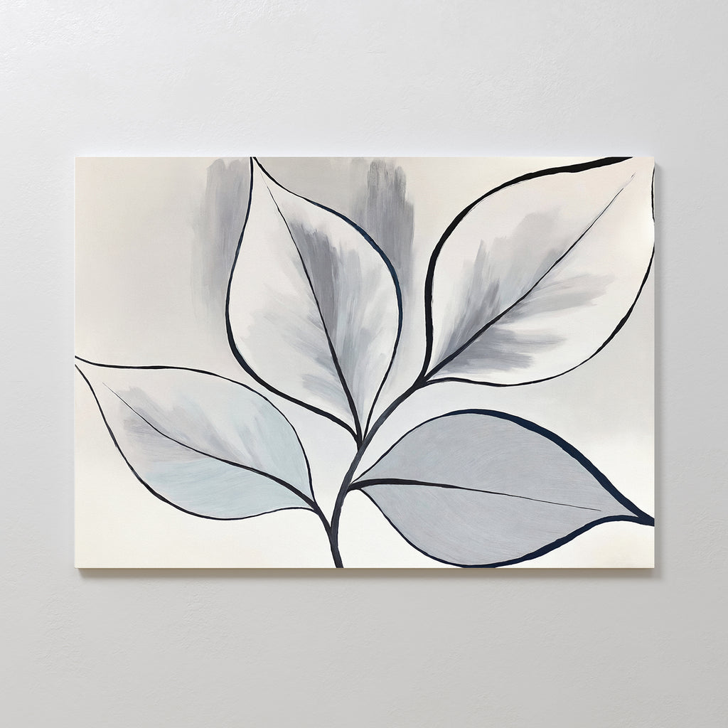The Silver Leaves Canvas Art - Horizontal features five large, overlapping leaves outlined in black with gray and white shades on a light background—ideal as a minimalist botanical print for modern home decor.