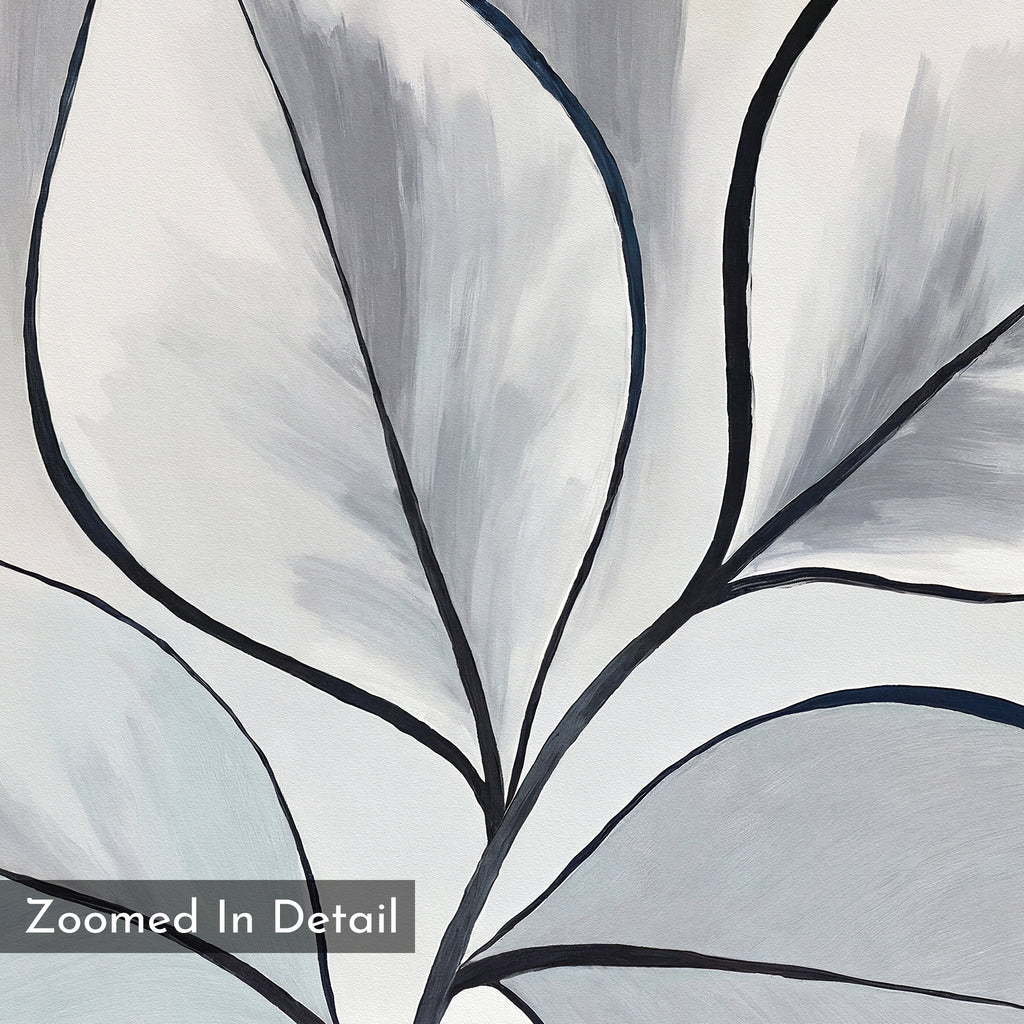 Silver Leaves Canvas Art - Horizontal features a close-up of large overlapping leaves in gray, white, and black with bold dark outlines. "Zoomed In Detail" is displayed on a gray box in the lower left corner—ideal for minimalist wall art.