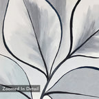 Silver Leaves Canvas Art - Horizontal features a close-up of large overlapping leaves in gray, white, and black with bold dark outlines. "Zoomed In Detail" is displayed on a gray box in the lower left corner—ideal for minimalist wall art.