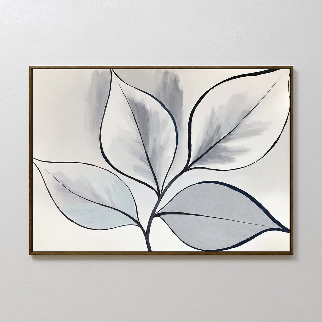 The Silver Leaves Canvas Art - Horizontal is a minimalist wall decor featuring elegant leaves, perfect for modern homes. This botanical print adds a touch of nature and sophistication to any space.