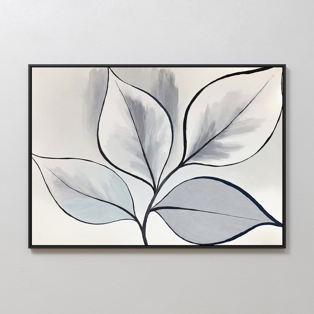 Silver Leaves Canvas Art - Horizontal features a minimalist design of six large, overlapping black-outlined leaves in soft gray and white on a light background, framed in black—ideal for modern home decor.