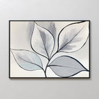Silver Leaves Canvas Art - Horizontal features a minimalist design of six large, overlapping black-outlined leaves in soft gray and white on a light background, framed in black—ideal for modern home decor.