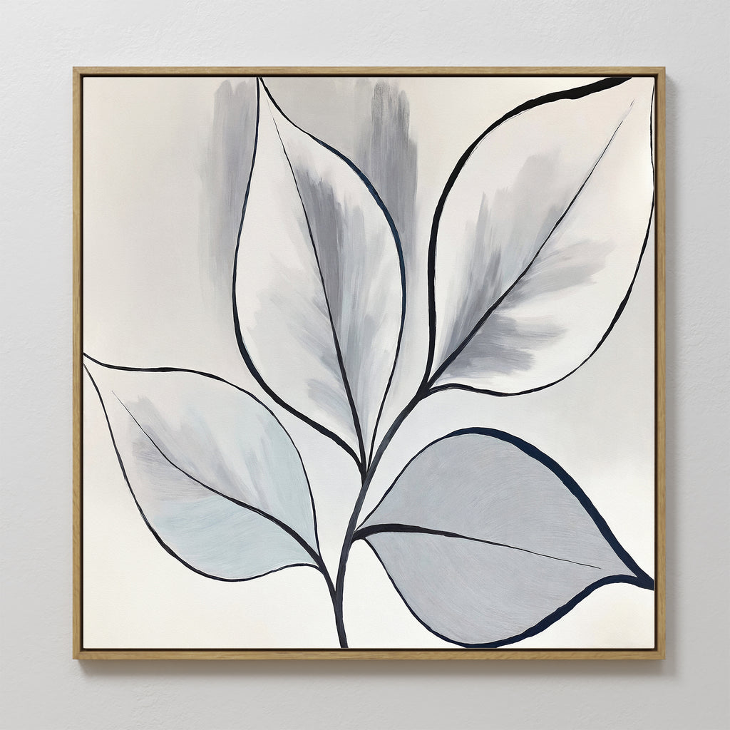 The Silver Leaves Canvas Art - Square features five large leaves outlined in black with soft gray and white fills, framed in slim wood. This modern botanical print is ideal for minimalist home decor and looks stunning on a plain white wall.