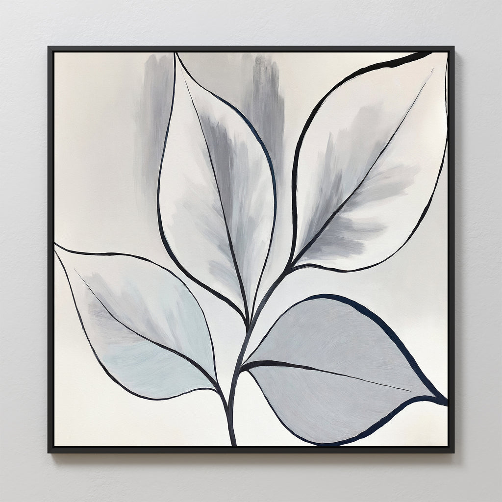 Silver Leaves Canvas Art - Square features five overlapping leaves in black, gray, and white with bold outlines on a light background. This framed botanical print adds a modern touch to your home decor.