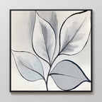 Silver Leaves Canvas Art - Square features five overlapping leaves in black, gray, and white with bold outlines on a light background. This framed botanical print adds a modern touch to your home decor.