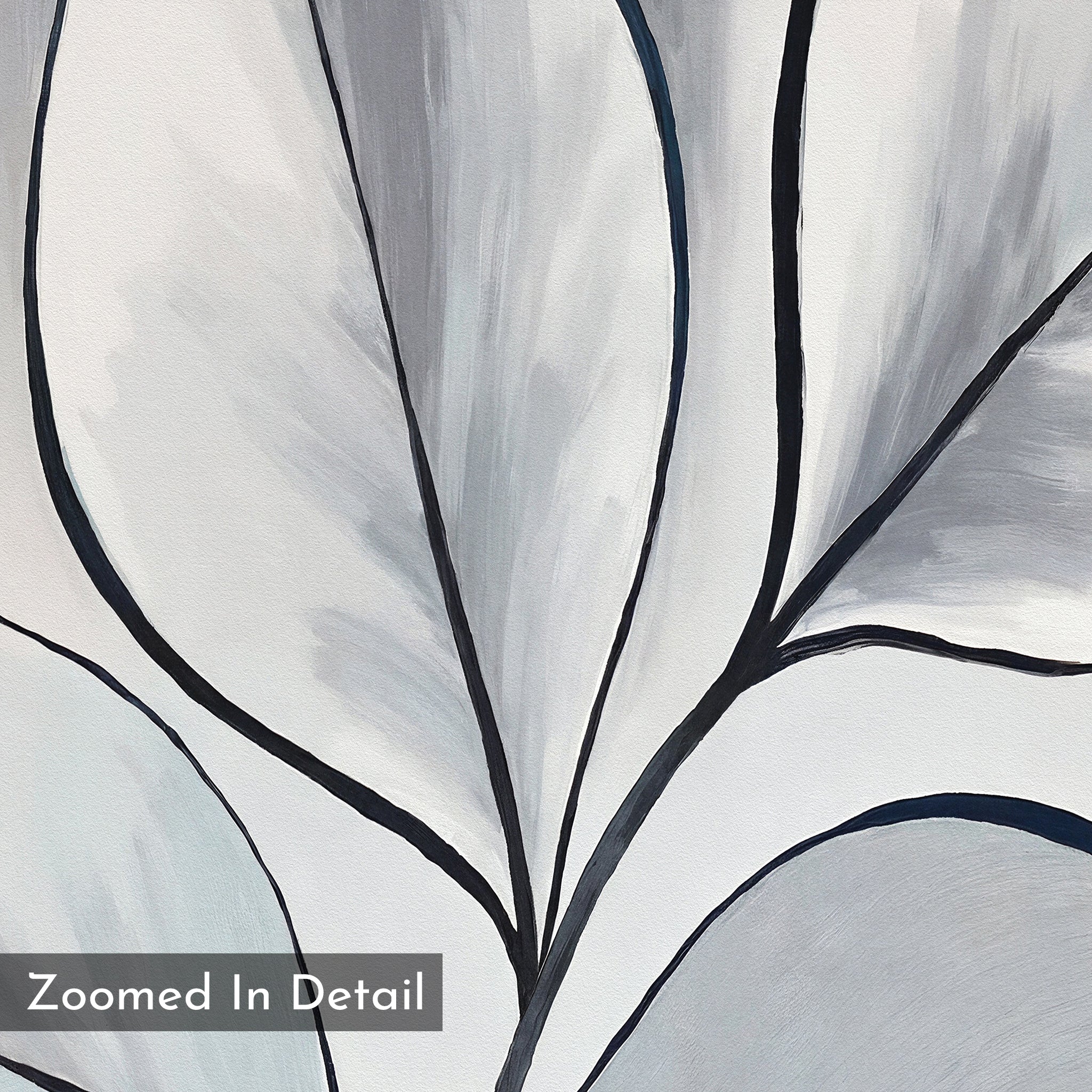 A close-up of abstract gray and white leaves outlined in black, titled "Silver Leaves Canvas Art - Square"—ideal minimalist wall art for modern home decor.