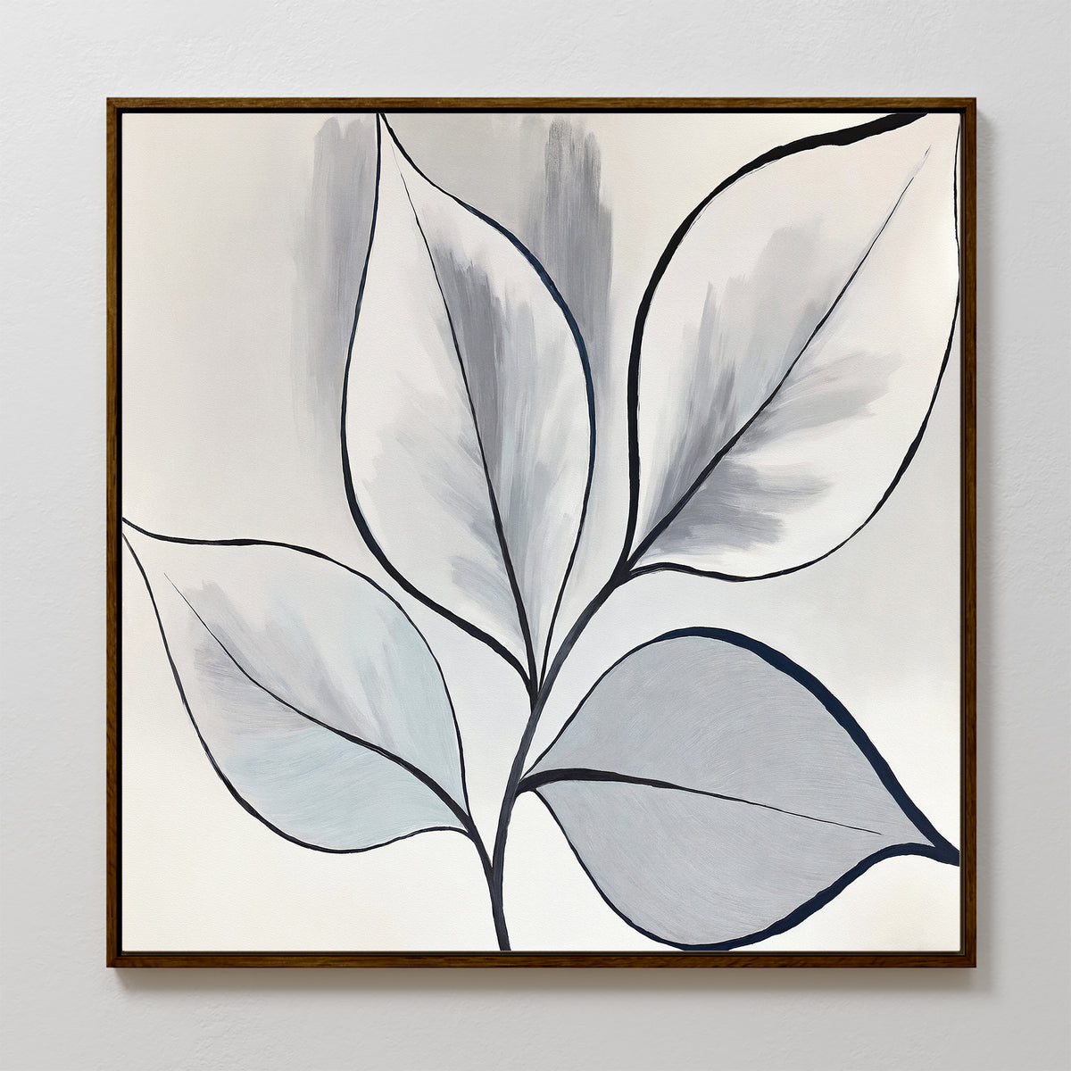 The Silver Leaves Canvas Art - Square features five abstract leaves with dark outlines on a light background in soft gray and blue tones, elegantly framed with a thin brown border—ideal for modern home decor.