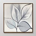 The Silver Leaves Canvas Art - Square features five abstract leaves with dark outlines on a light background in soft gray and blue tones, elegantly framed with a thin brown border—ideal for modern home decor.