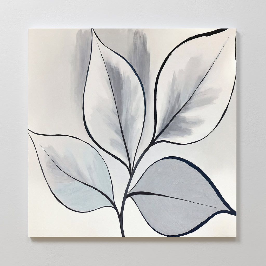 The Silver Leaves Canvas Art - Square showcases five large abstract leaves with black outlines and soft gray-white shading on a pale background, making it a perfect minimalist botanical canvas print for modern home decor.