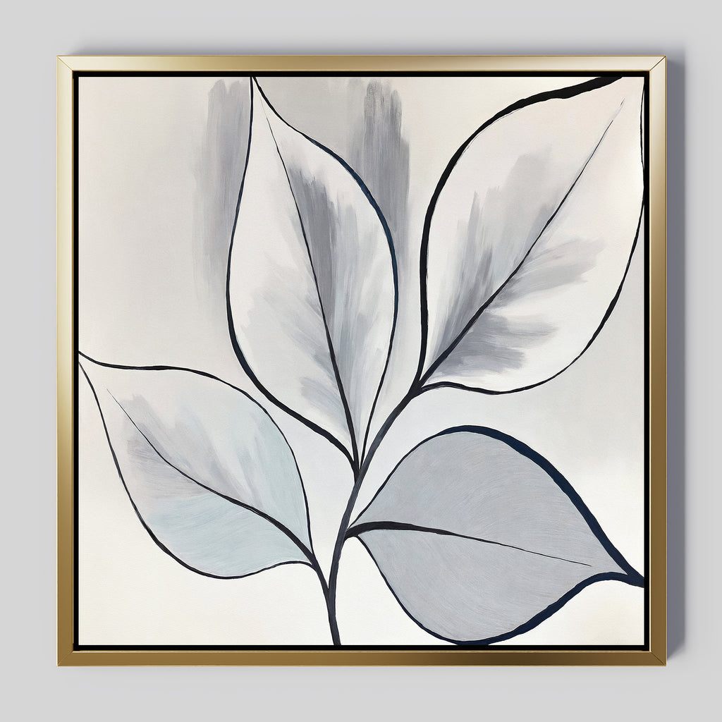 Silver Leaves Canvas Art - Square features abstract leaves in soft gray and white, outlined in black with subtle shading and a gold frame. This botanical canvas print adds a calm, modern touch—perfect for contemporary home decor.