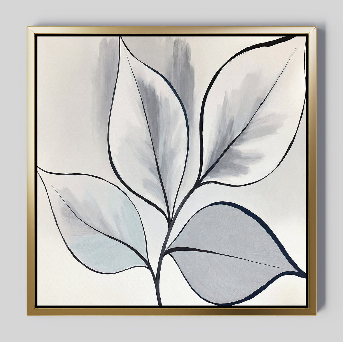 Silver Leaves Canvas Art - Square features abstract leaves in soft gray and white, outlined in black with subtle shading and a gold frame. This botanical canvas print adds a calm, modern touch—perfect for contemporary home decor.