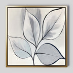 Silver Leaves Canvas Art - Square features abstract leaves in soft gray and white, outlined in black with subtle shading and a gold frame. This botanical canvas print adds a calm, modern touch—perfect for contemporary home decor.