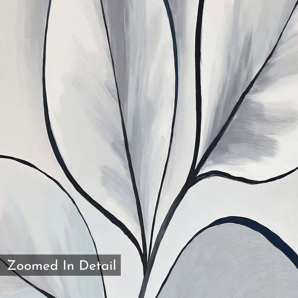 Abstract close-up of large, overlapping leaves in gray and white with bold black outlines. “Zoomed In Detail” appears in the lower left corner. The Silver Leaves Canvas Art - Vertical adds striking, minimalist botanical style to modern home decor.