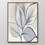 The Silver Leaves Canvas Art - Vertical features five abstract leaves in black outline with soft gray and light blue accents on white, set in a slim brown frame—ideal minimalist wall art for modern home decor.