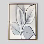The Silver Leaves Canvas Art - Vertical features abstract gray and light blue leaves outlined in black, set in a gold square frame on a light gray background—a perfect modern botanical print for your home decor.