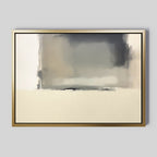 The Smoke Boundary Canvas Art - Horizontal features soft, blended gray, beige, and cream tones with a diffuse rectangular form at the top center over lighter hues, creating minimalist abstract wall art for serene spaces.
