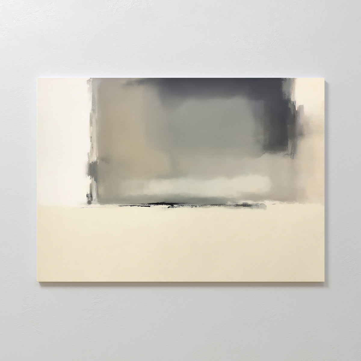 Smoke Boundary Canvas Art - Horizontal showcases abstract minimalist wall art with soft, blurred gray, beige, and cream tones in a gentle gradient, perfect for adding a serene touch to any light-colored wall.
