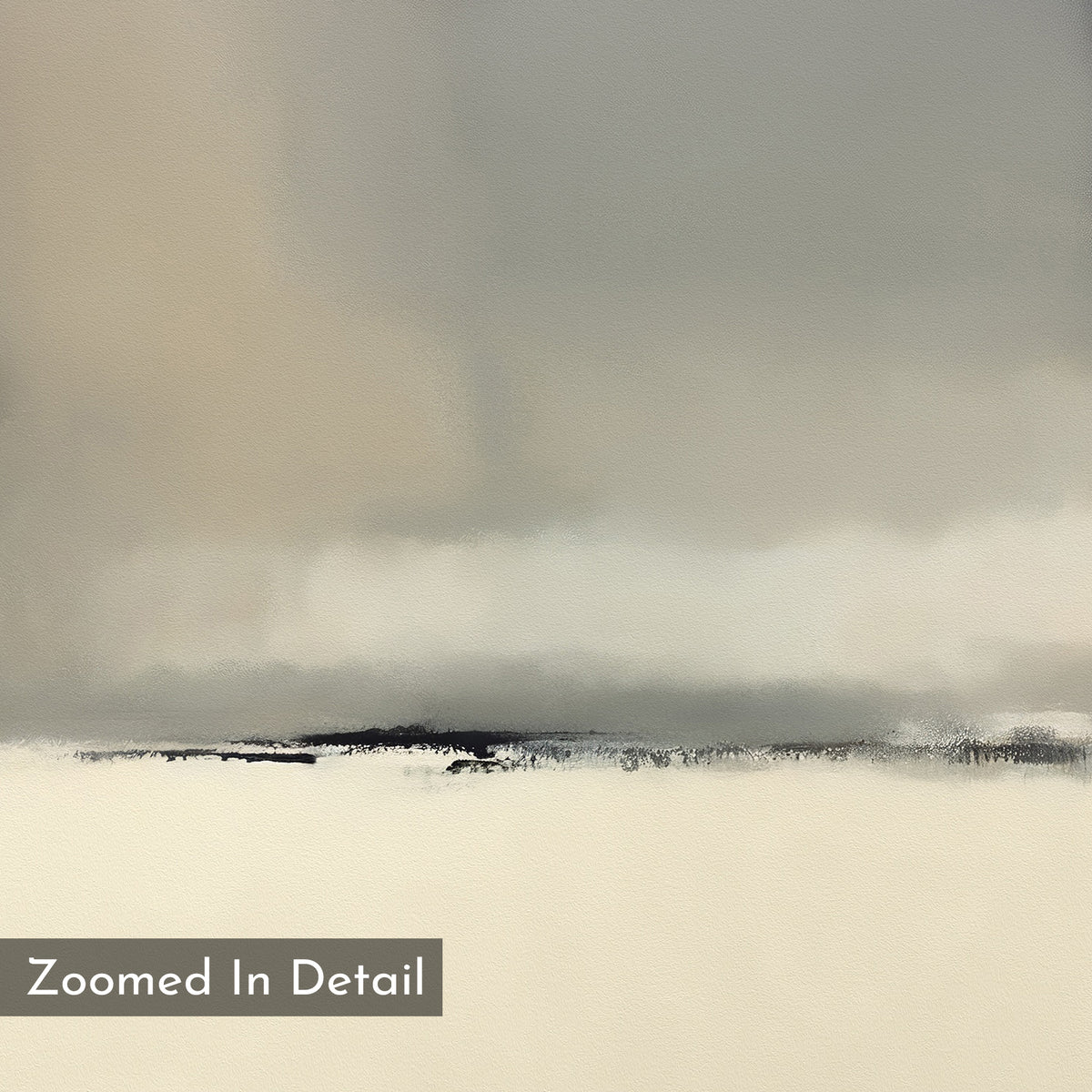 The Smoke Boundary Canvas Art - Horizontal features soft gray, beige, and white tones blending in a misty abstract landscape with textured horizontal brushstrokes—ideal minimalist wall art. Label: Zoomed In Detail.