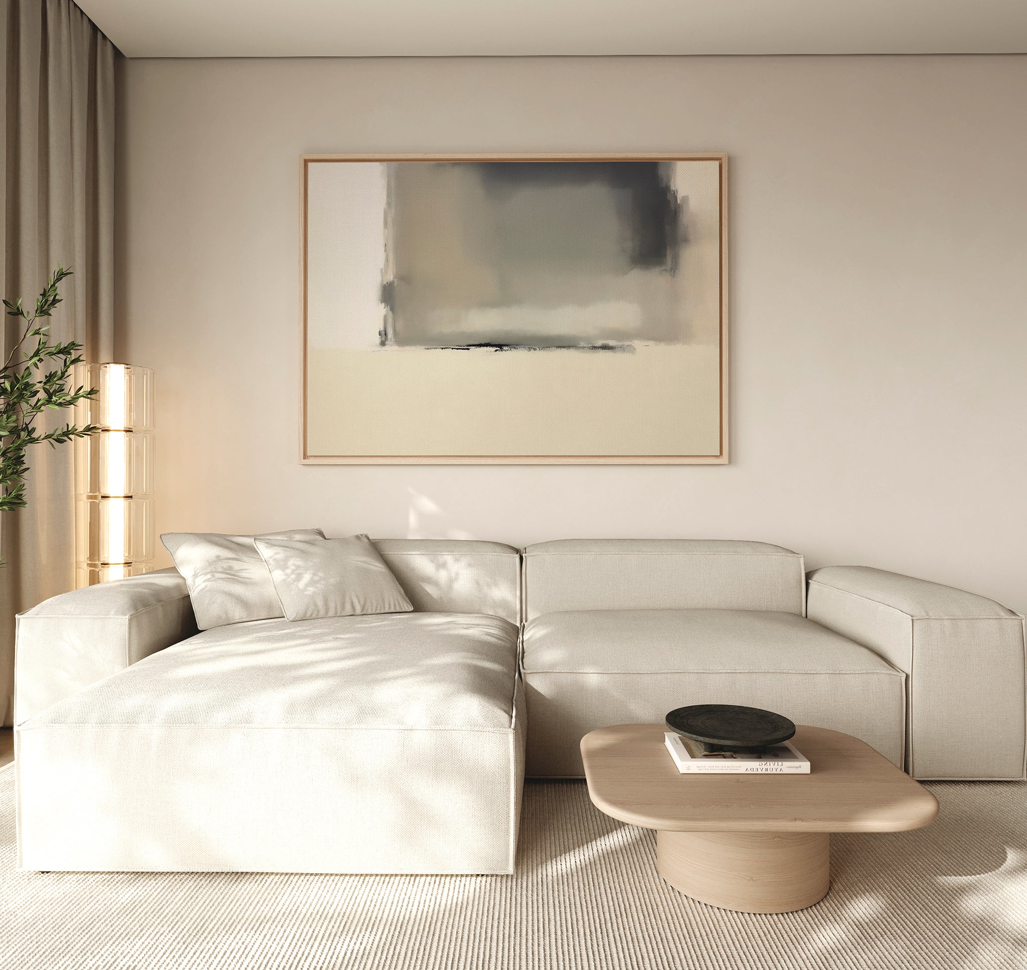 A modern living room features a beige sectional sofa, a low wooden coffee table with a dark bowl, and the Smoke Boundary Canvas Art - Horizontal above. A tall plant and natural light boost the calm atmosphere with soothing neutral tones.