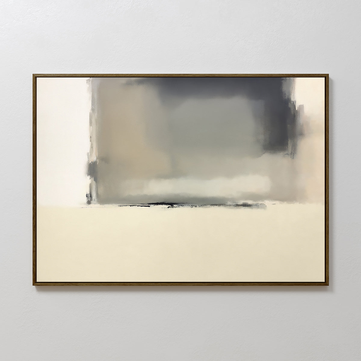 Smoke Boundary Canvas Art - Horizontal features soft, blurred shapes in gray, beige, and cream with a subtle gradient and dark central accent. It comes framed in a slim, dark border and looks striking against a light wall.