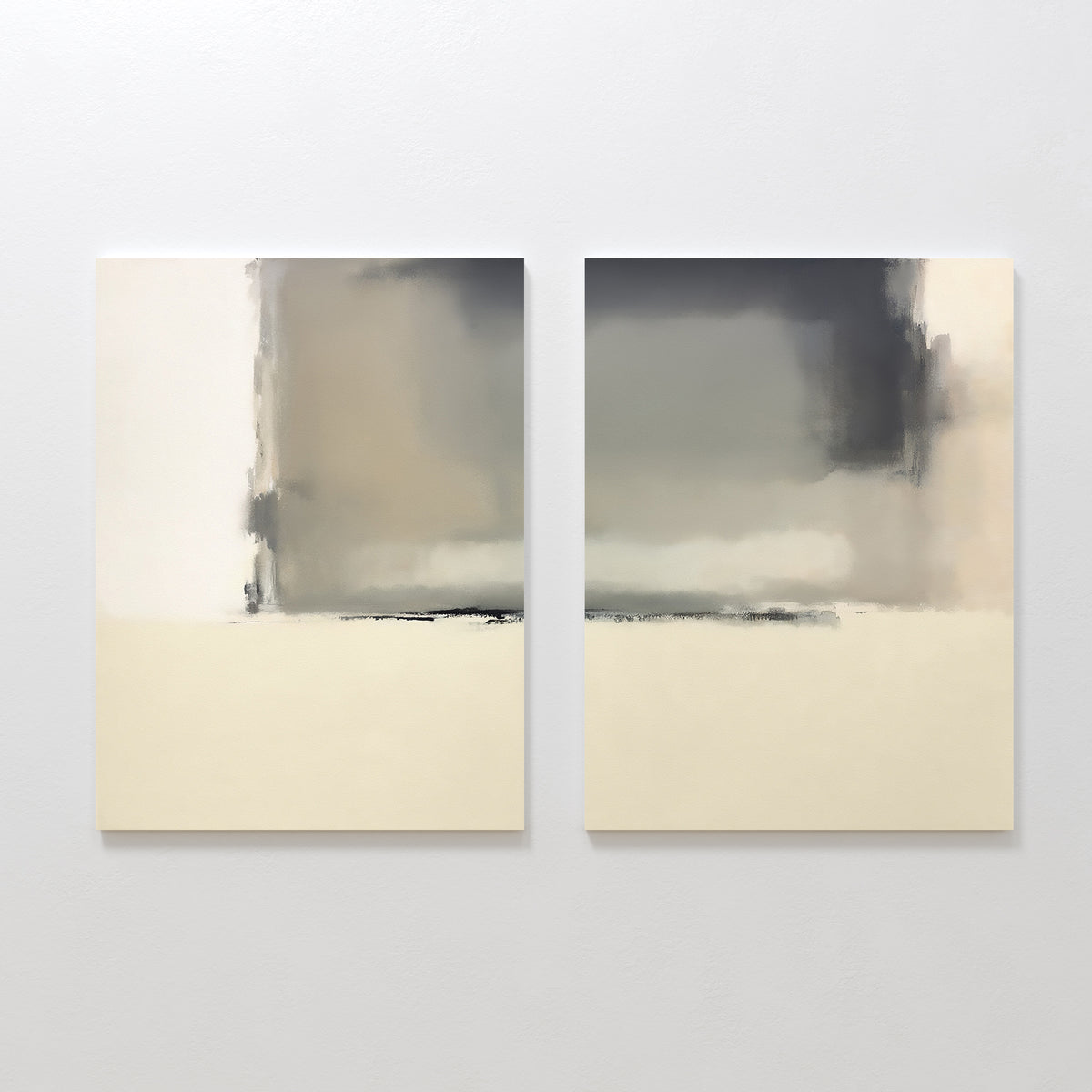 The Smoke Boundary - Set Of 2 features abstract wall art with soft, blended shapes in beige, gray, and black. Displayed side by side on a white wall, they add a striking minimalist touch to neutral decor.