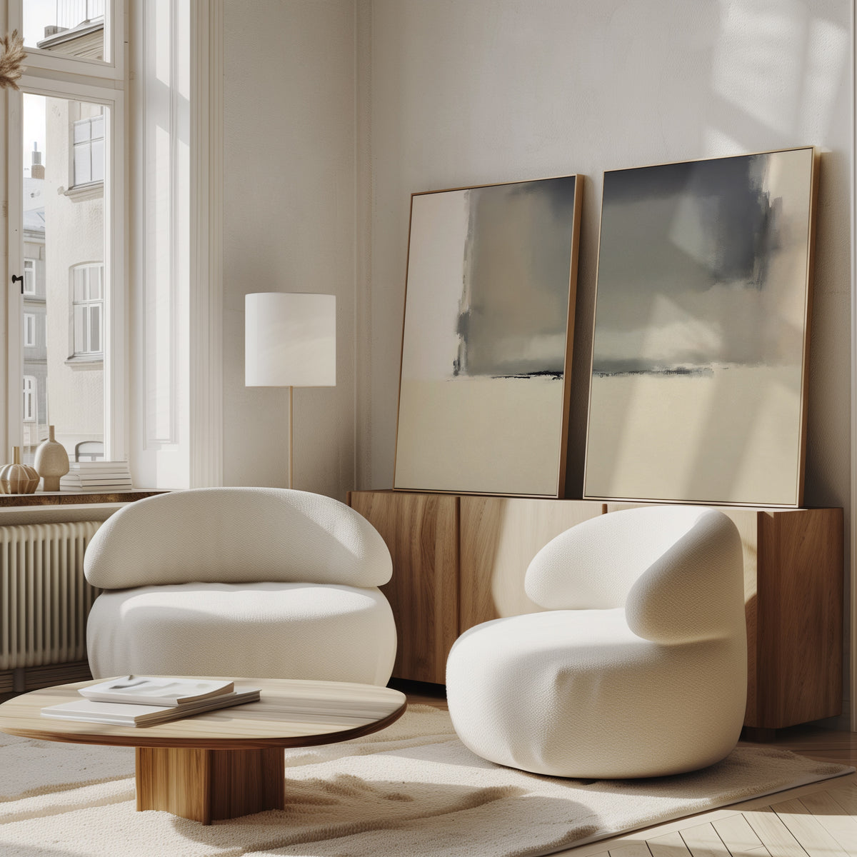 A modern living room features the Smoke Boundary - Set Of 2 rounded white armchairs, a low wooden coffee table, minimalist and neutral abstract wall art on a wooden sideboard, and large windows that fill the space with natural light.