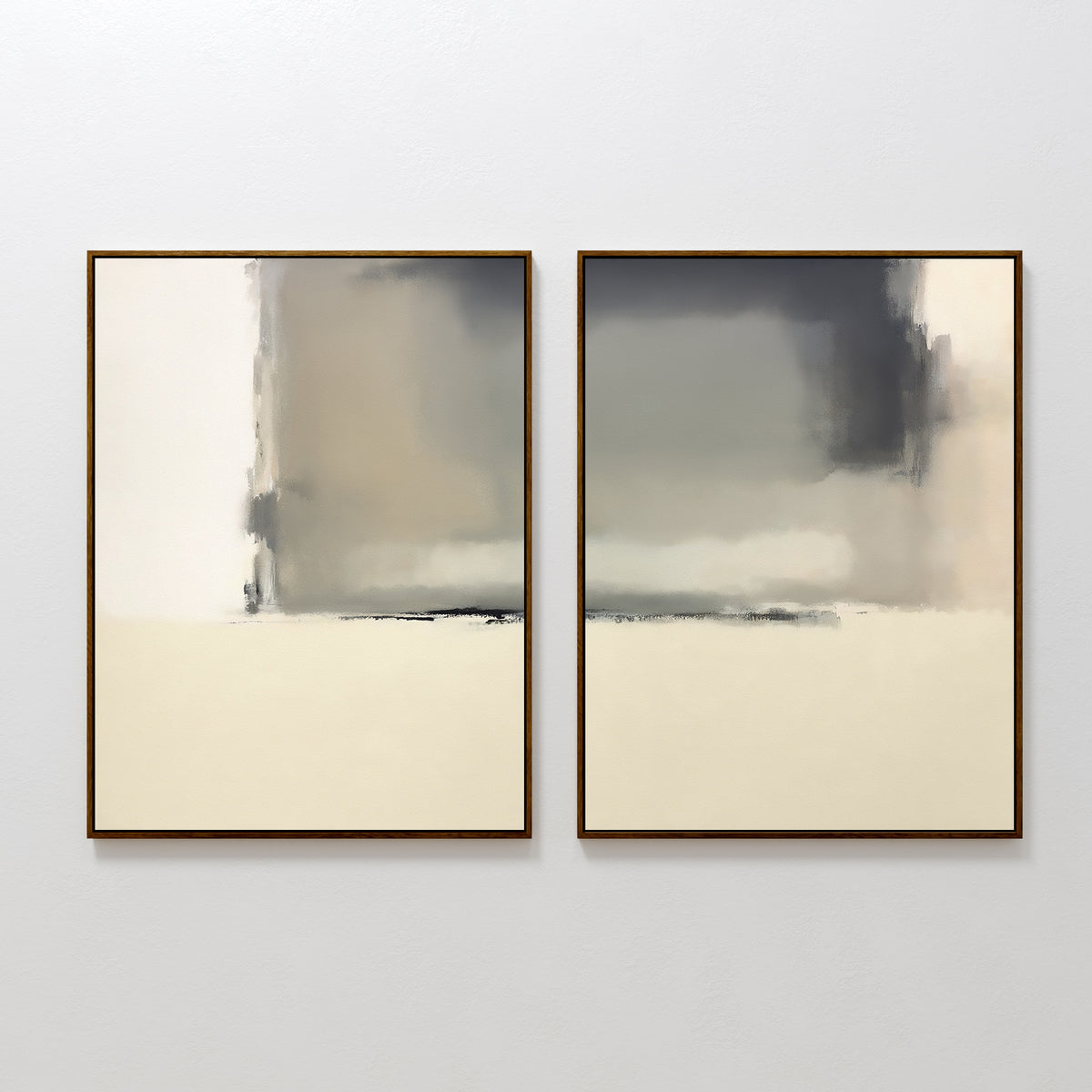 The Smoke Boundary - Set Of 2 features abstract paintings in neutral beige, gray, and white tones with blurred rectangles and soft edges. Each minimalist piece has a thin dark frame and is displayed side by side on a white wall.