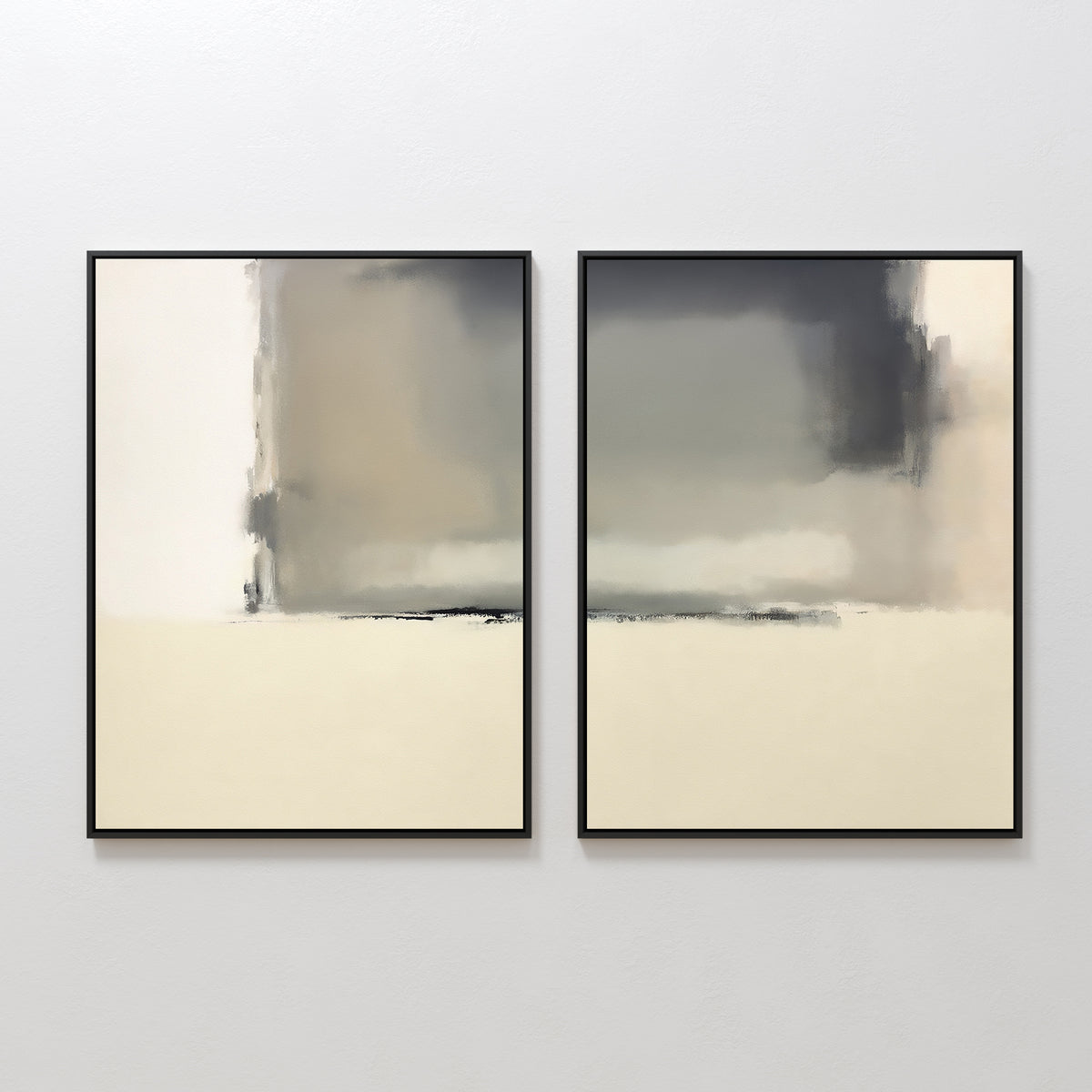 Smoke Boundary - Set Of 2 features minimalist abstract paintings with soft, blurred shapes in gray, beige, and white tones. Framed in black, they are ideal neutral wall decor for modern spaces.