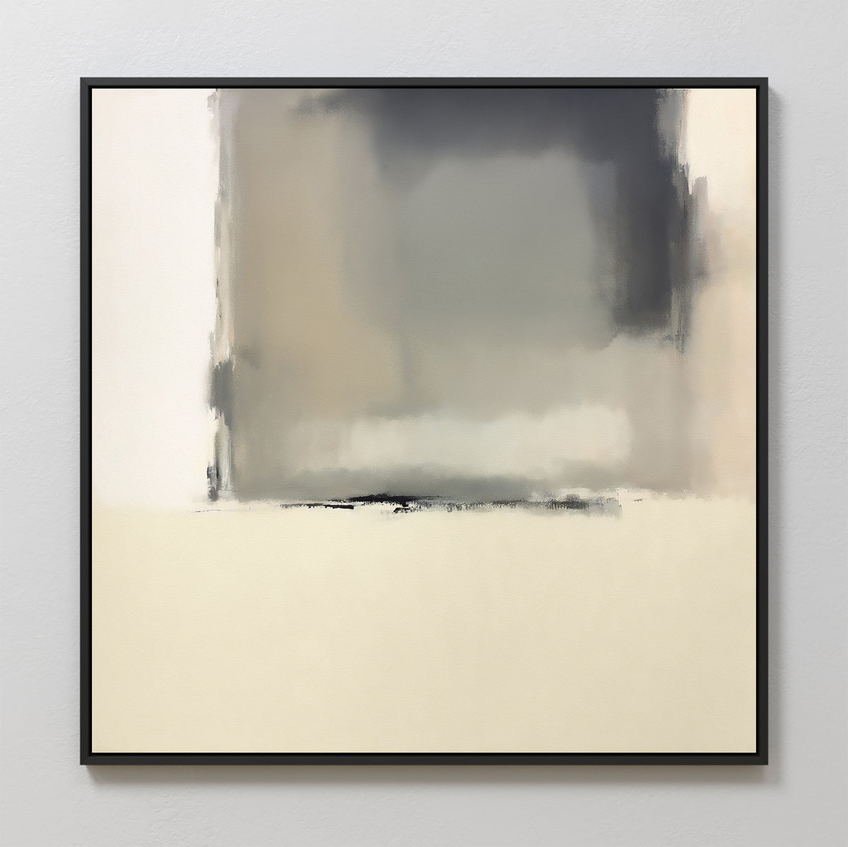 The Smoke Boundary Canvas Art - Square features blurred, soft-edged rectangles in muted gray, beige, and cream tones. This minimalist piece is framed with a thin black border and looks striking against a light wall.