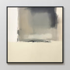 The Smoke Boundary Canvas Art - Square features blurred, soft-edged rectangles in muted gray, beige, and cream tones. This minimalist piece is framed with a thin black border and looks striking against a light wall.