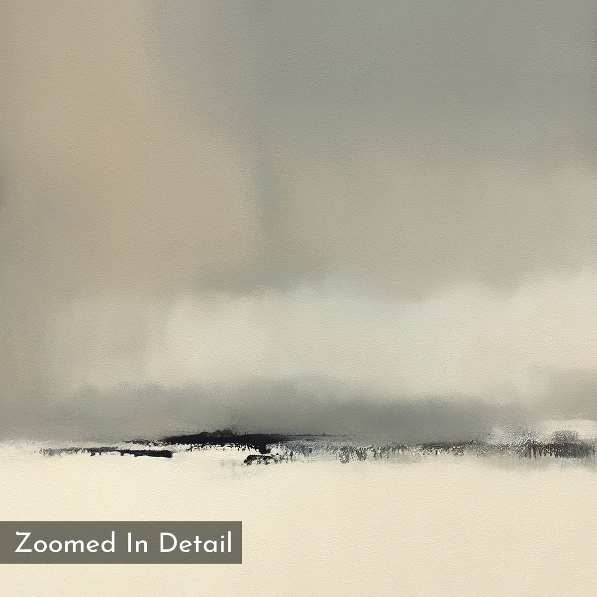 The Smoke Boundary Canvas Art - Square features blurred horizontal brushstrokes in soft beige, gray, and white with a "Zoomed In Detail" label. Ideal for those who appreciate minimalist wall art.
