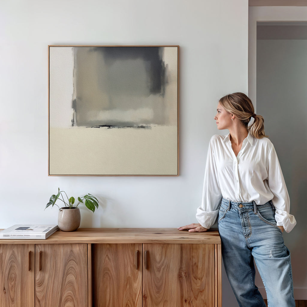 A woman in a white blouse and jeans leans against a wooden sideboard, gazing at the Smoke Boundary Canvas Art - Square. A potted plant and closed book sit nearby in this modern, minimalist room.