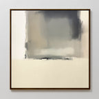 The Smoke Boundary Canvas Art - Square is a minimalist abstract painting with soft, blurred blocks of gray, beige, and cream. Dark shades at the top fade into lighter tones below, all elegantly framed in a thin, dark wooden frame.