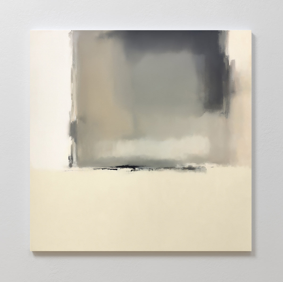 The Smoke Boundary Canvas Art - Square features abstract, blurred beige, gray, and cream tones with soft edges and a subtle gradient—ideal minimalist wall decor for fans of neutral art.